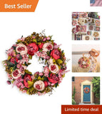 Artificial Peony Flower Wreath 19Inch Vintage Blooming Silk Peonies Spring Su... Peony