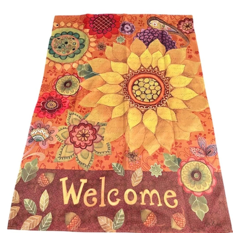 Fall floral house flag with sunflower artwork and 'Welcome' text, orange and yellow