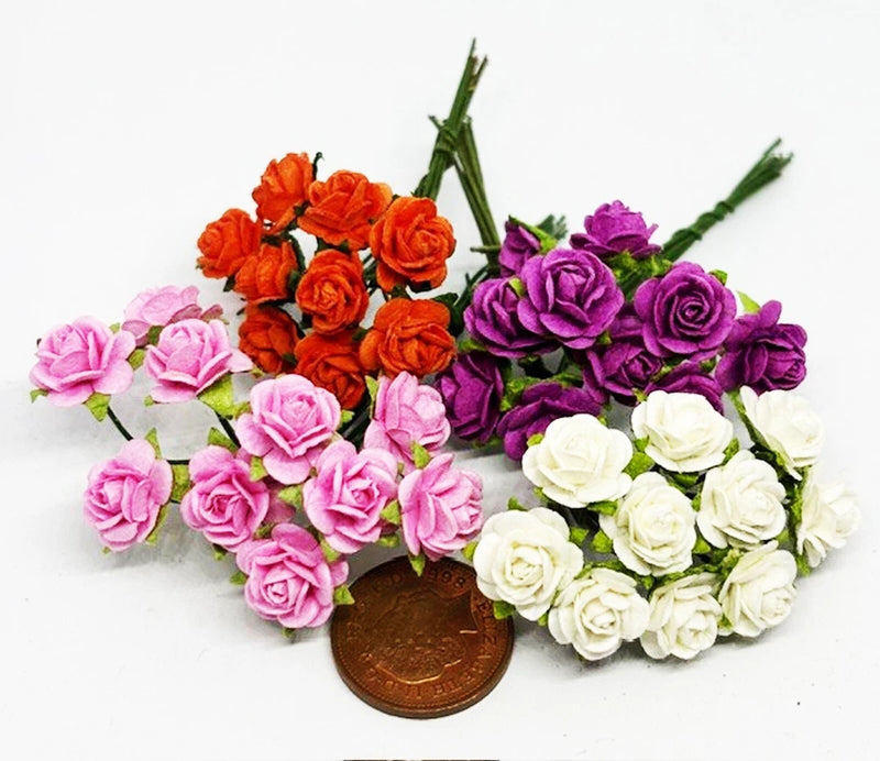 Mixed paper rose bunches for dolls house, with orange, pink, purple, and white blooms