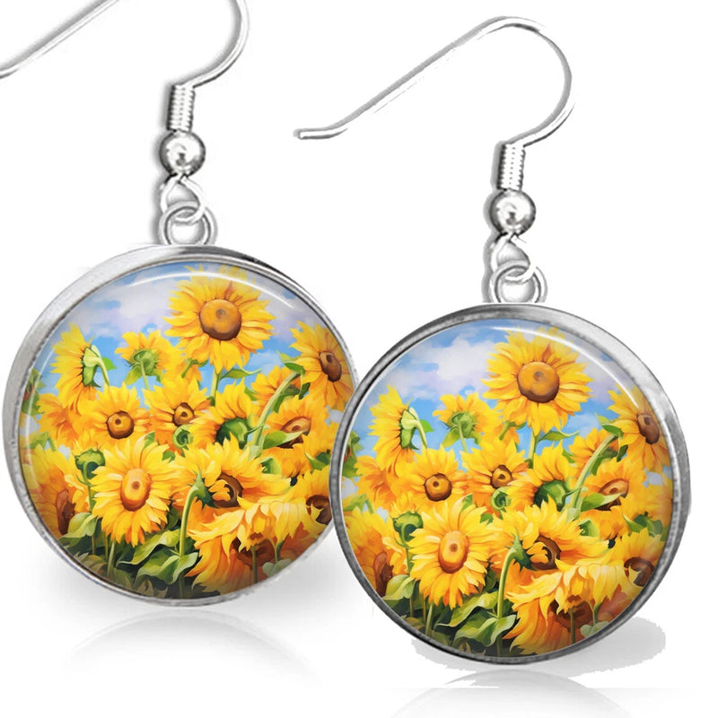 Round sunflower watercolor floral drop earrings with silver hooks and dangling hoops
