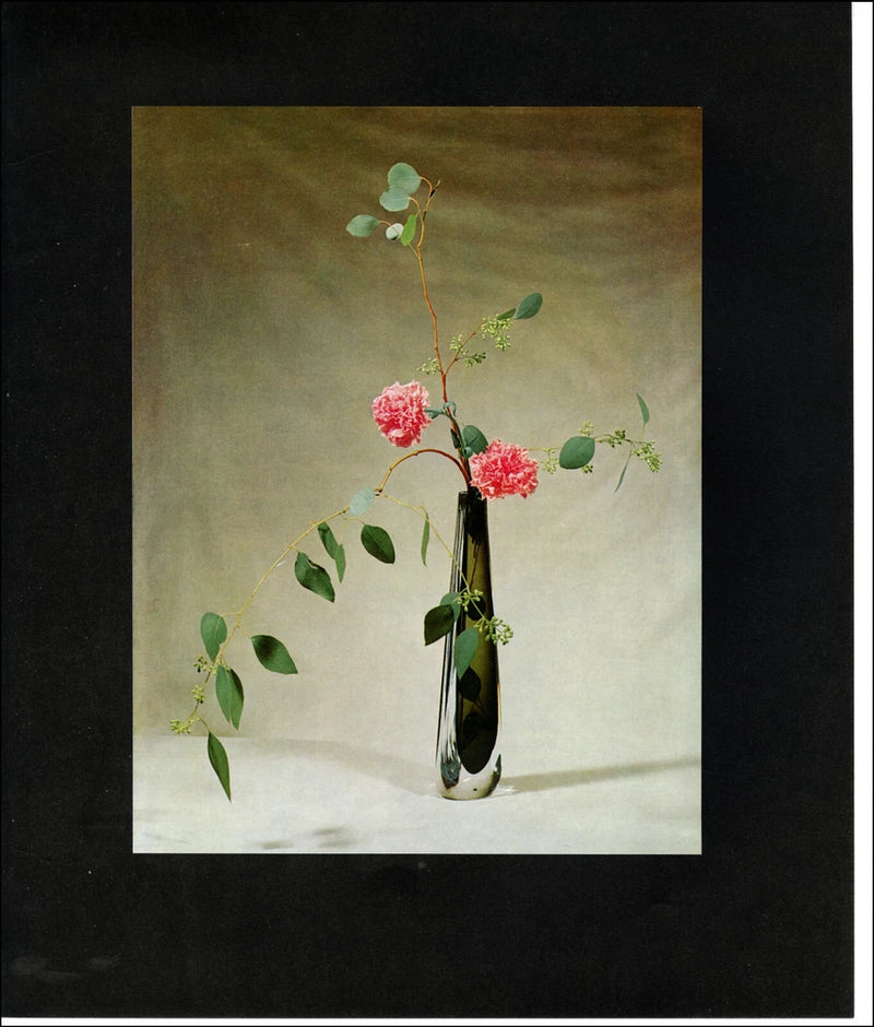 Vintage ikebana floral decor print with pink carnations and green stems in a vase