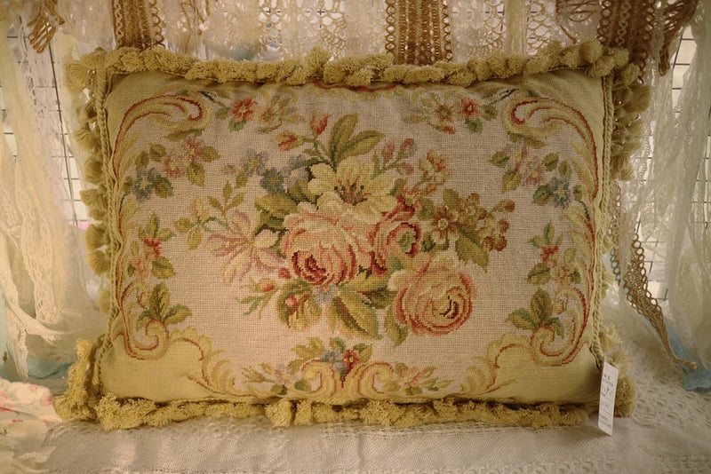 Floral rose needlepoint pillow cover, beige with fringed border