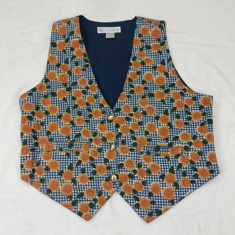 Women’s vintage gingham sunflower print button-front vest, sleeveless V-neck