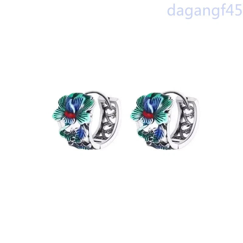 Cloisonné peony flower alloy hoop earrings, silver tone pair