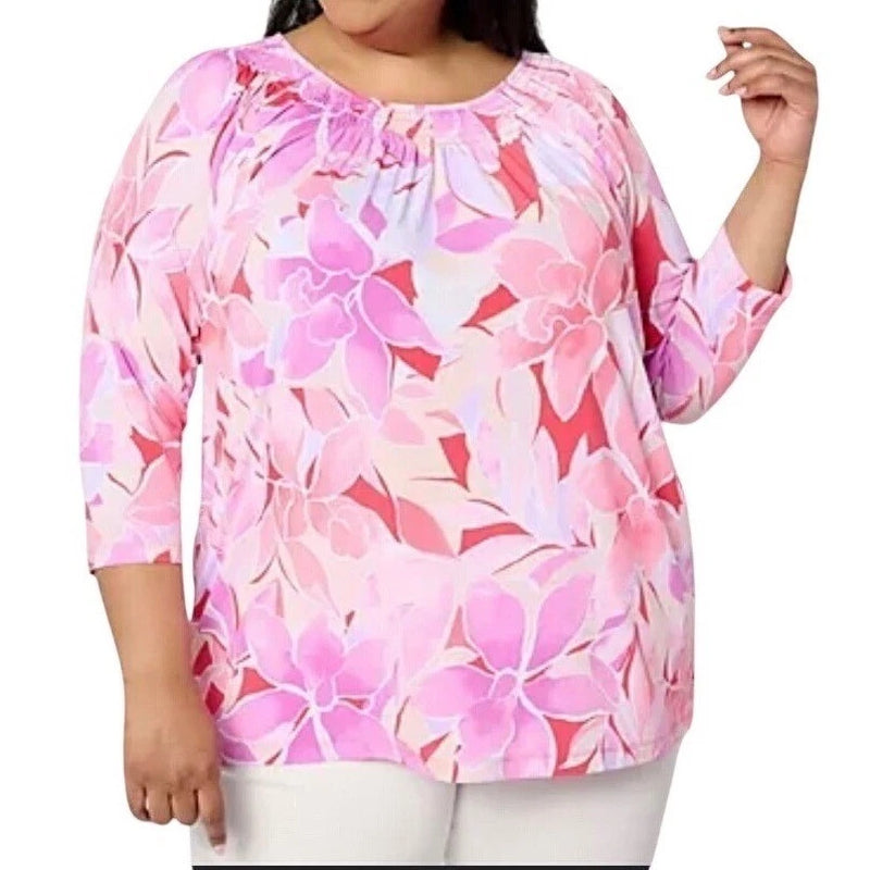 Floral print smocked-neck 3/4 sleeve top in pink and purple roses