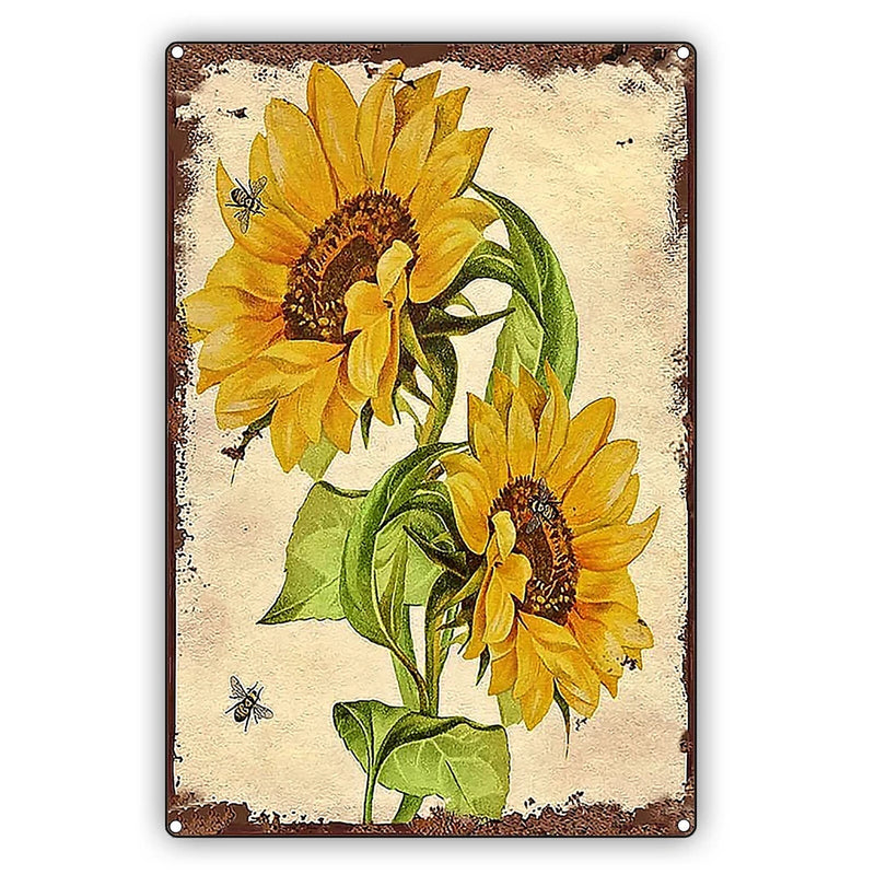 Rustic sunflower metal wall sign with honeybees, rectangular with border