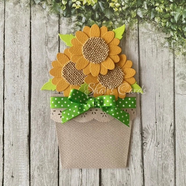 Handmade sunflower flowerpot birthday card with lift-out sunflower and green polka bow