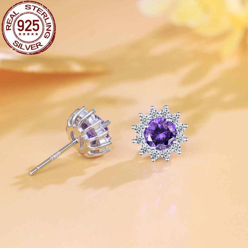 925 sterling silver stud earrings with round purple cubic zirconia and flower halo settings