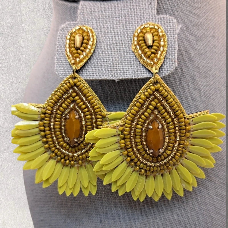 Sunflower Boutique Dangle Earrings Rhinestone Seed Bead Boho 3" Handmade Sunflower