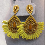 Sunflower Boutique Dangle Earrings Rhinestone Seed Bead Boho 3" Handmade Sunflower
