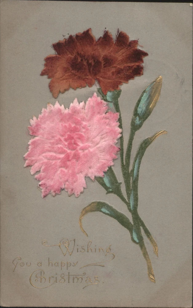 XMAS Embossed Pink Red Carnations Christmas Greeting 1908 Silk Applique Benicia Carnation