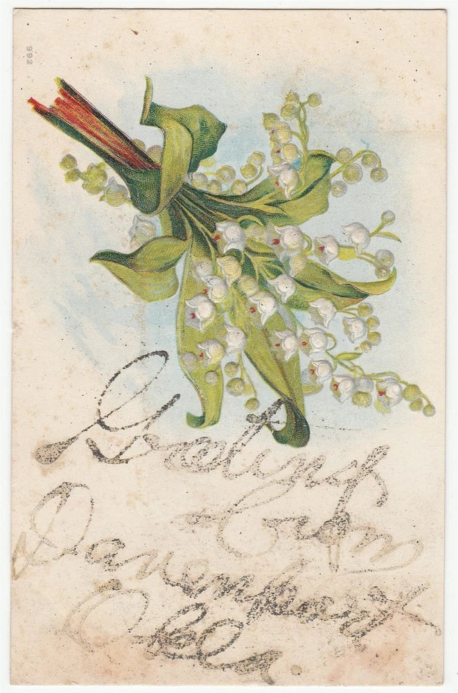 Vintage Postcard Lily of the Valley Flowers Davenport Oklahoma Embossed Glitter Lily