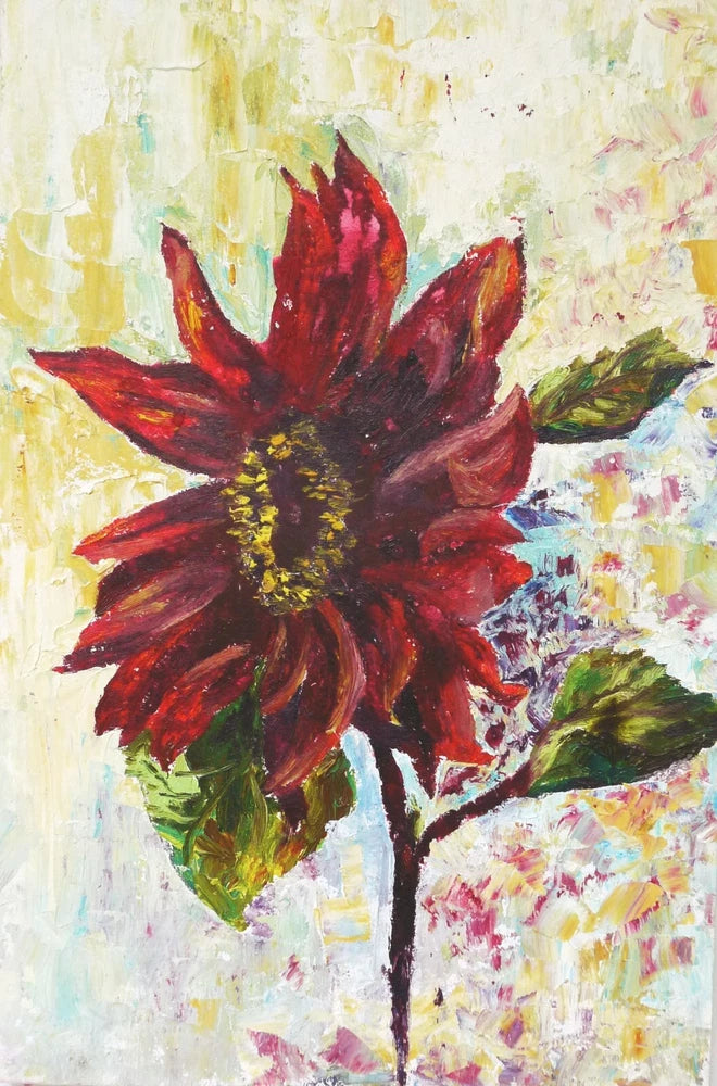 Impasto sunflower oil painting with red petals and green leaves, textured strokes