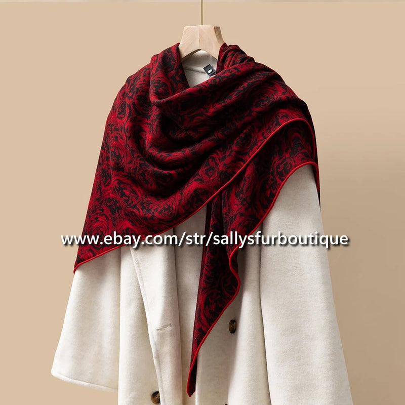 Red rose-print cashmere-silk wrap scarf with draped square shape