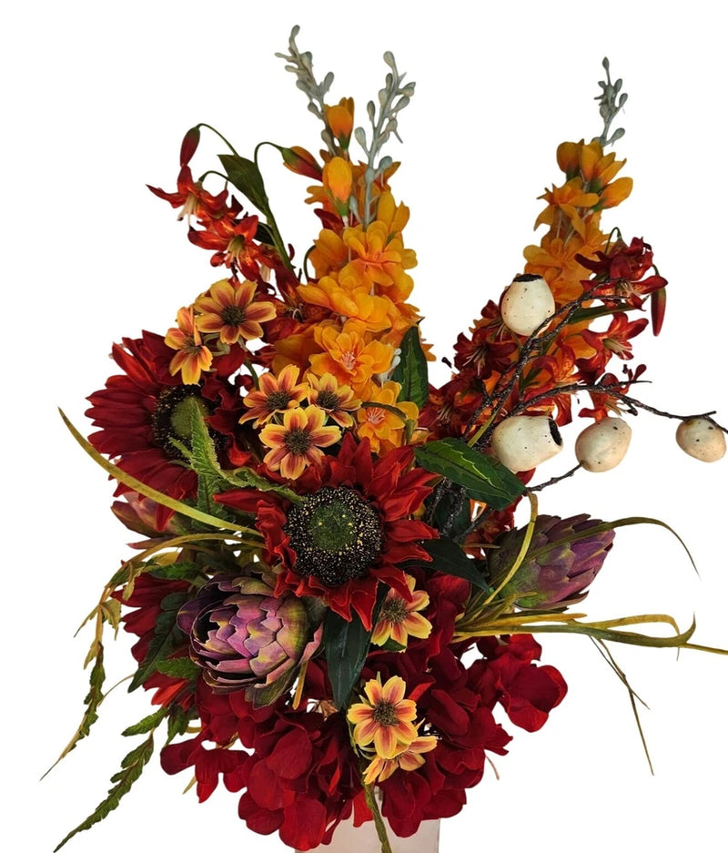 Artificial fall floral bouquet with red and yellow flowers, textured accents