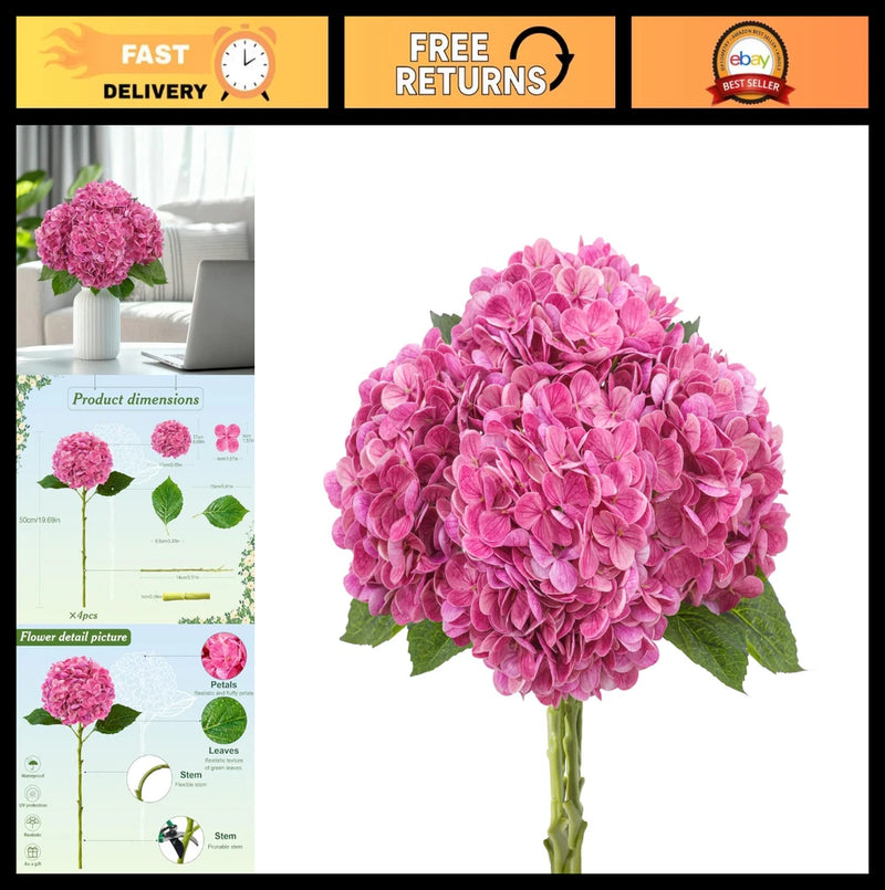 4Pcs Realistic Pink Hydrangea Flowers - Faux Latex 19.68" Stems for Weddings, Ho Hydrangea