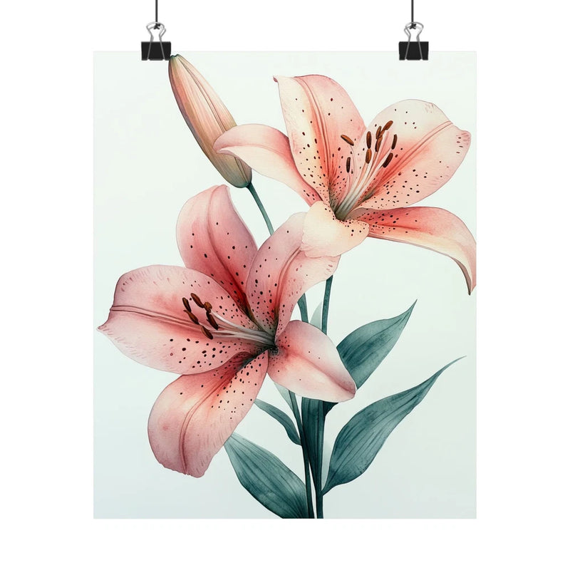 Pink tiger lily flower art print poster with two blossoms and green leaves