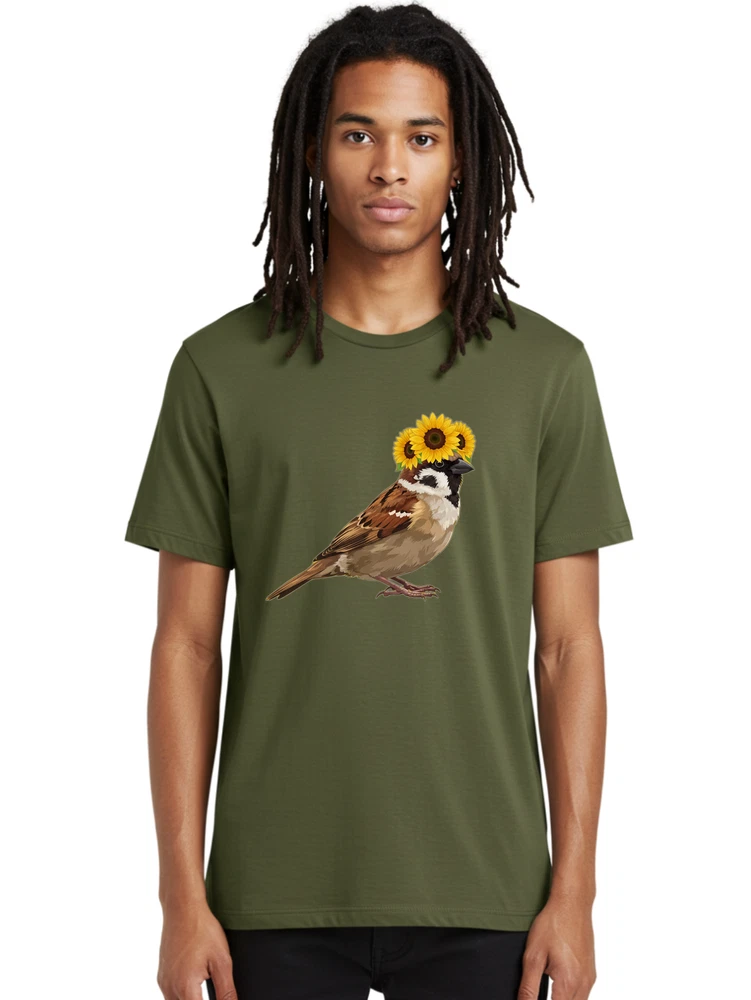Men's green graphic cotton T-shirt with bird and sunflower print