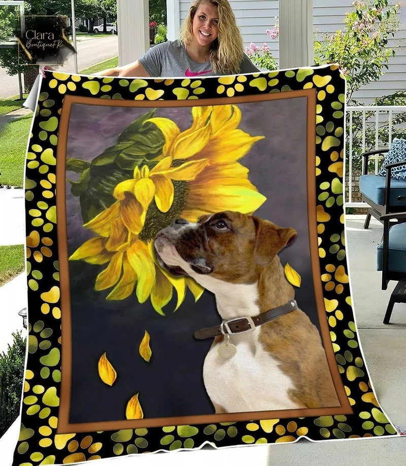Sunflower-themed dog print blanket with yellow sunflower and black heart border