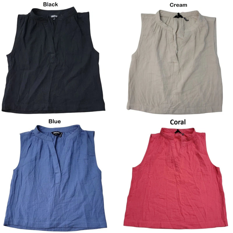 Women’s sleeveless gauze tank tops, shown in black, cream, blue, and coral