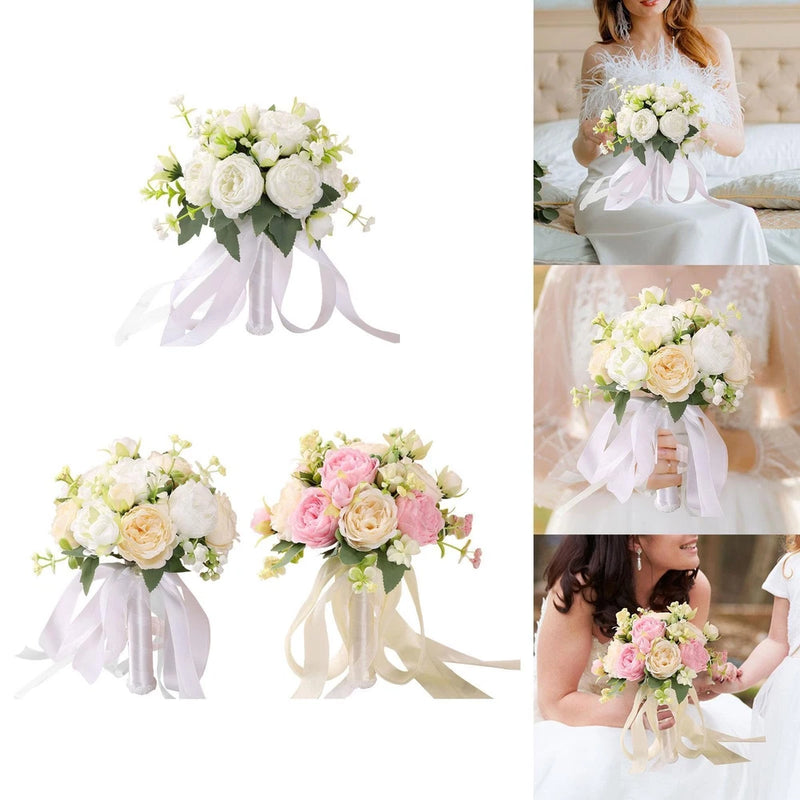 Silk rose bridesmaid bouquet with white and blush blooms, green leaves, and white ribbon bows