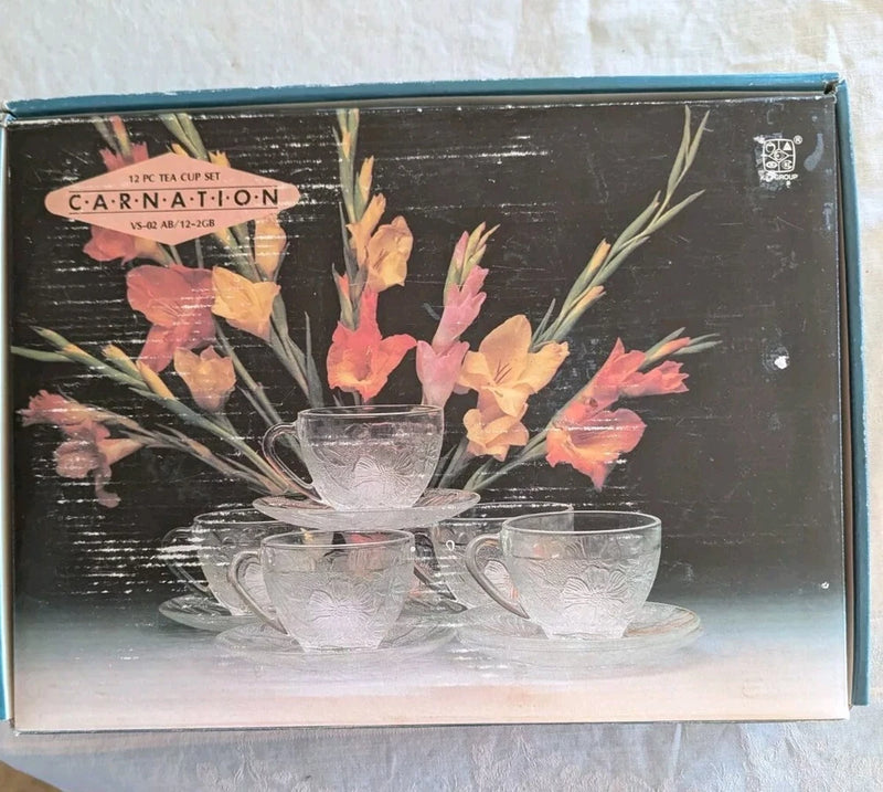 12-piece tea cup set gift box with floral illustration and matching cup stack