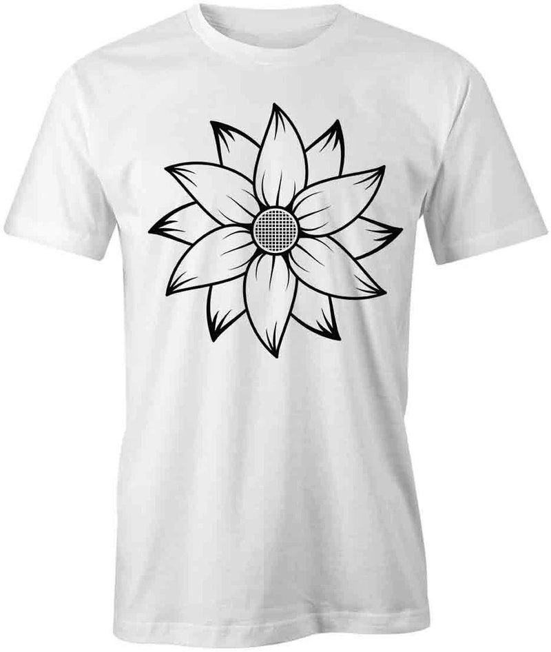 White cotton short-sleeve T-shirt with large black-outlined sunflower front print