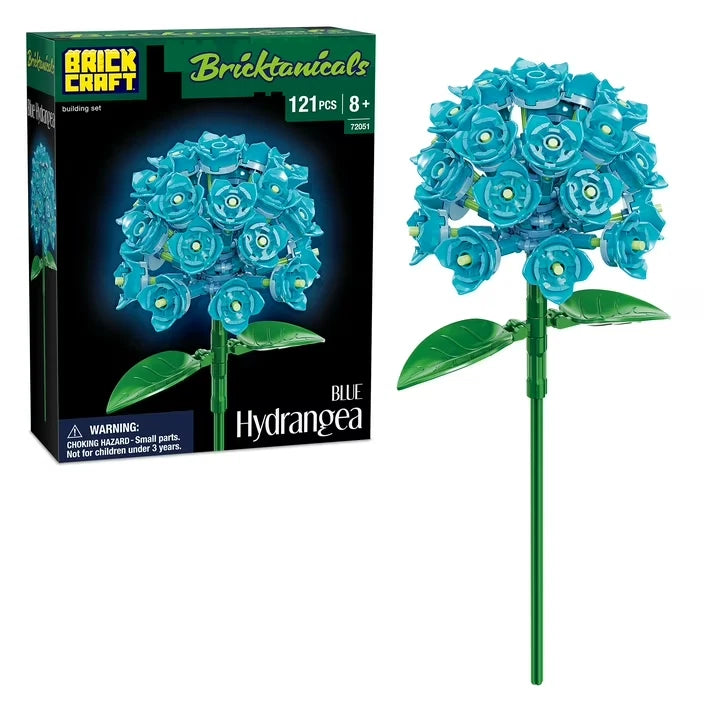 Artificial blue hydrangea flower building kit with long green stem, 3D brick-style blooms.