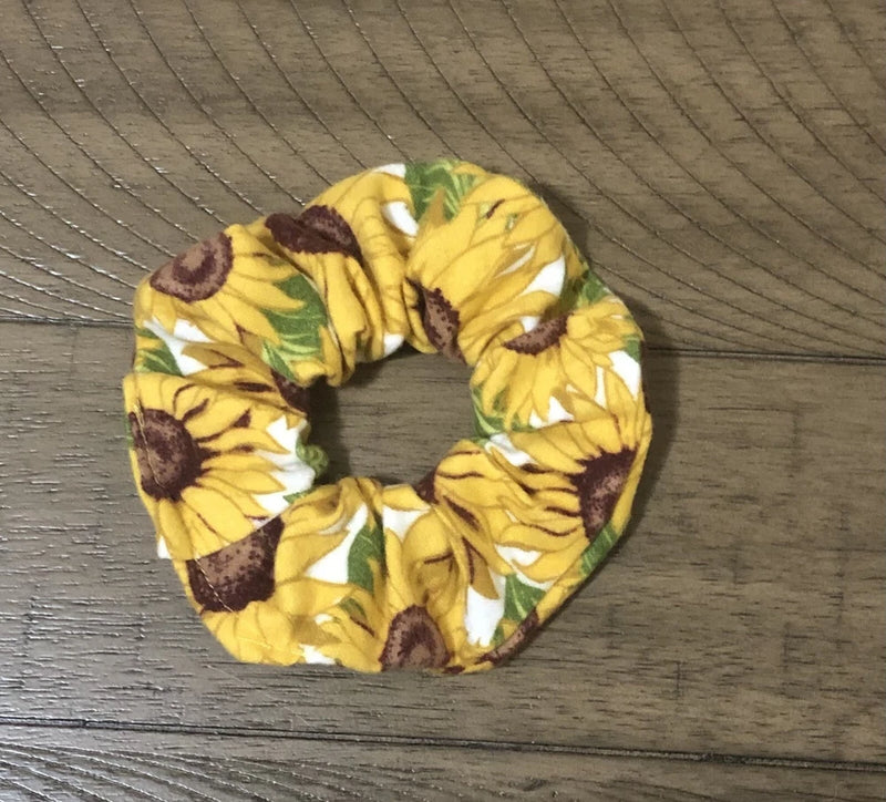 Sunflower print fabric hair scrunchie with elastic band, brown and yellow flowers