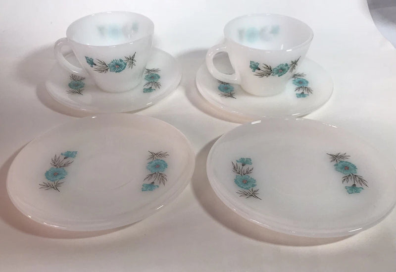 Vintage Fire King Oven Ware Blue Carnation Corn Flower Tea Cup & Saucer Set Carnation