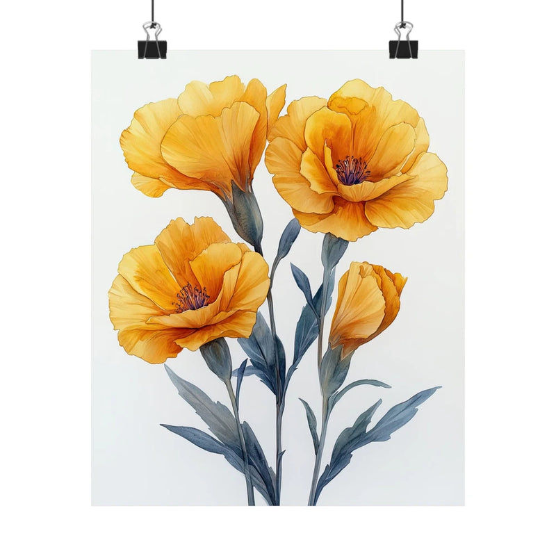 Yellow carnation flower art print poster with three blooms and stems