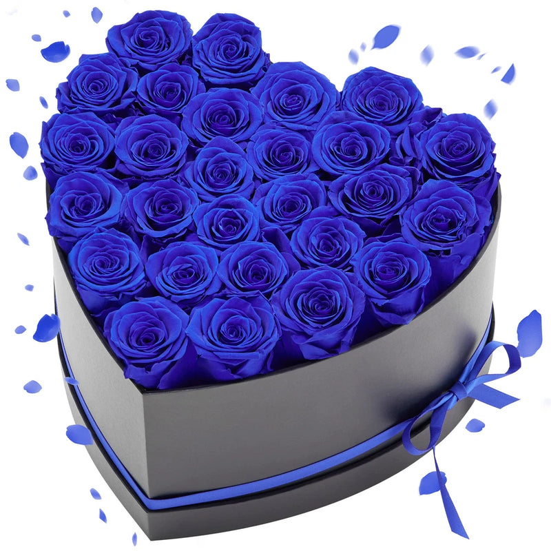Heart-shaped gift box with royal blue preserved roses and satin ribbon