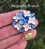 Vintage style Blue White Hydrangea MAGNETIC BROOCH. No damage flower pin Hydrangea