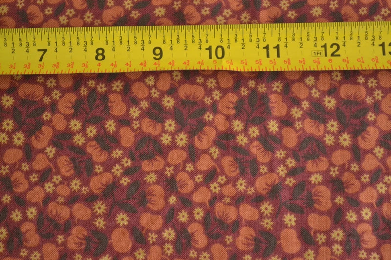 By 1/2 Yd, Tan Rust Brown Calico on Burgundy, Thimbleberries/Northern Lights,B85 Flowering Plants