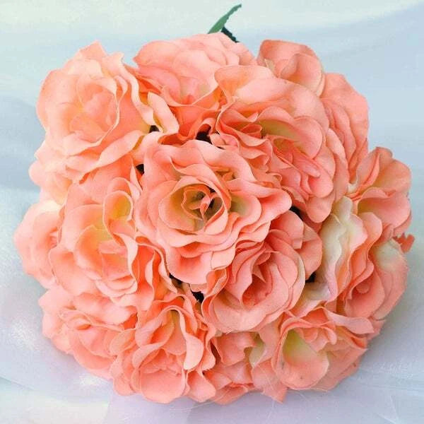Peach velvet rose artificial flowers bouquet with clustered blossoms, 12 in tall