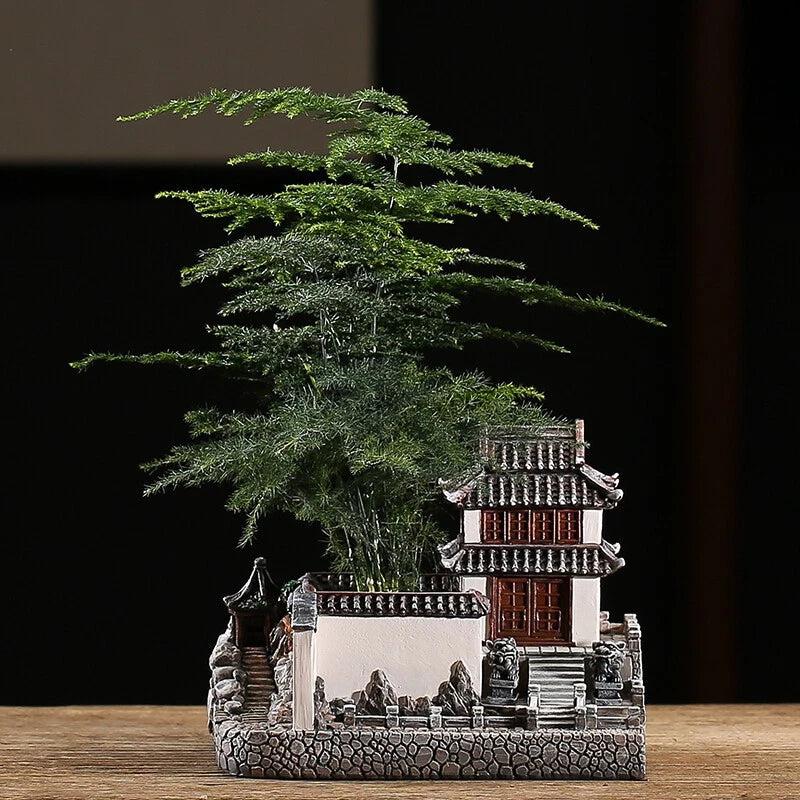 Resin garden landscape planter with pagoda-style house and green mini trees