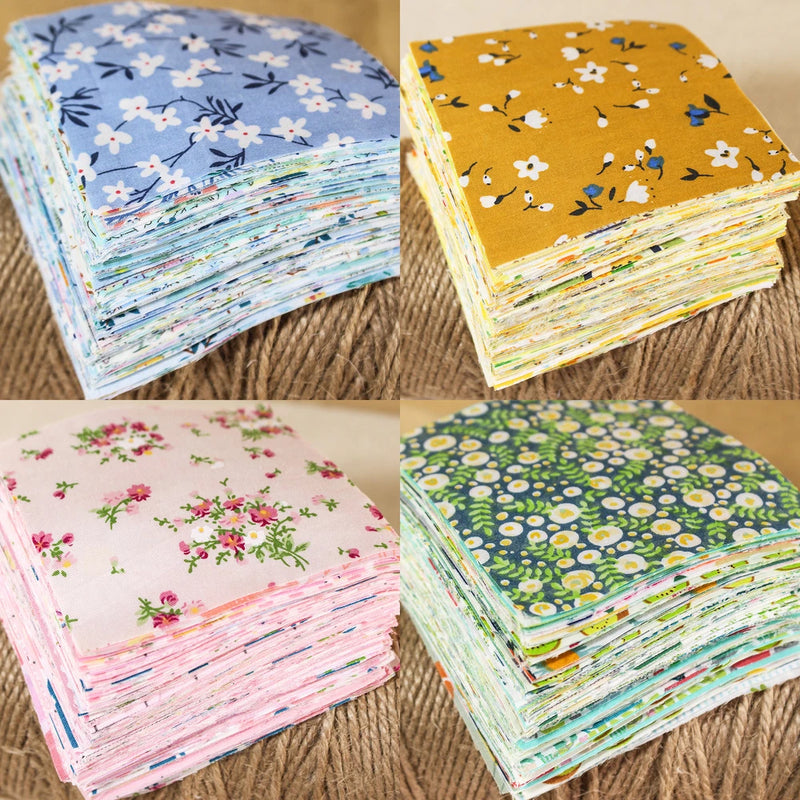 Floral fabric charm squares bundle, stacked 4-inch precut prints in blue, yellow, pink