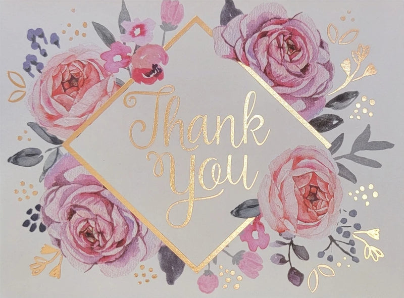 Thank you note card with pink and purple roses and gold diamond border