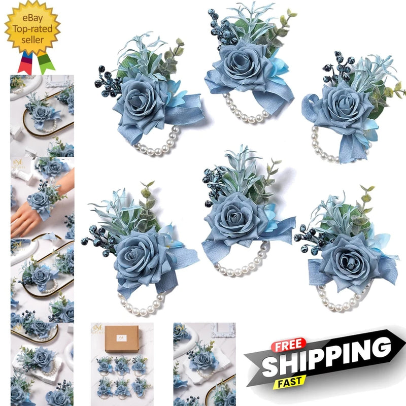 Dusty Blue Rose Wrist Corsage for Women, Set of 6, Wedding Bridal Corsage Han... Bouquet