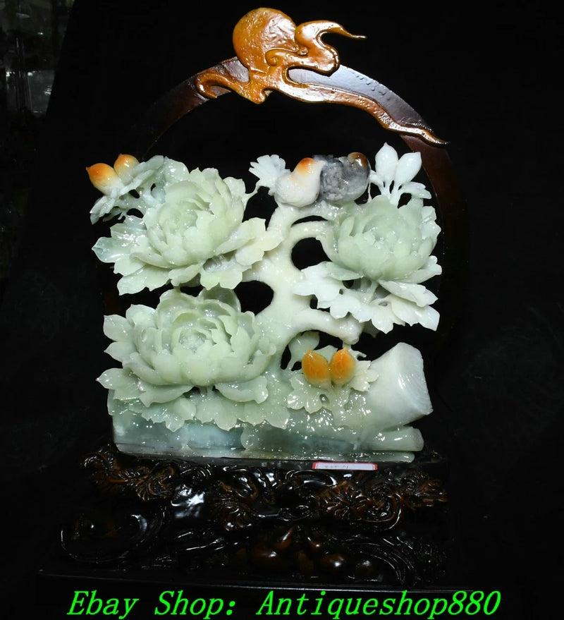 Jade peony and bird carving statue with pale green flowers and ornate base