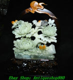 19''Chinese Natural Xiu Jade Carving Peony Flower Bird Statue Sculpture Peony
