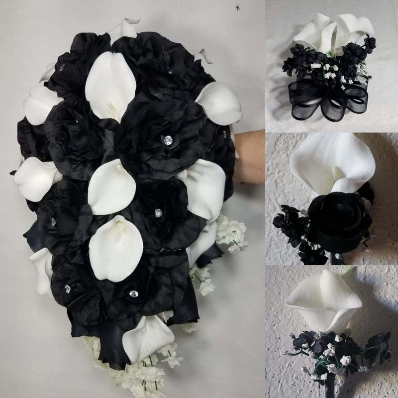 Black White Rose Calla Lily Bridal Wedding Bouquet Accessories Bouquet