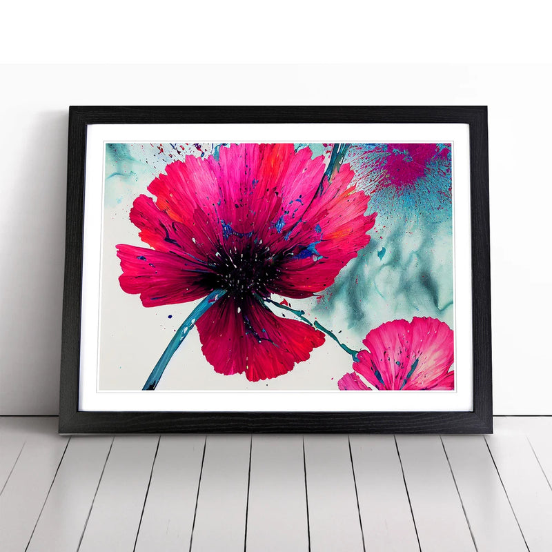 Framed abstract canvas wall art with bright pink carnation flowers and blue-green background