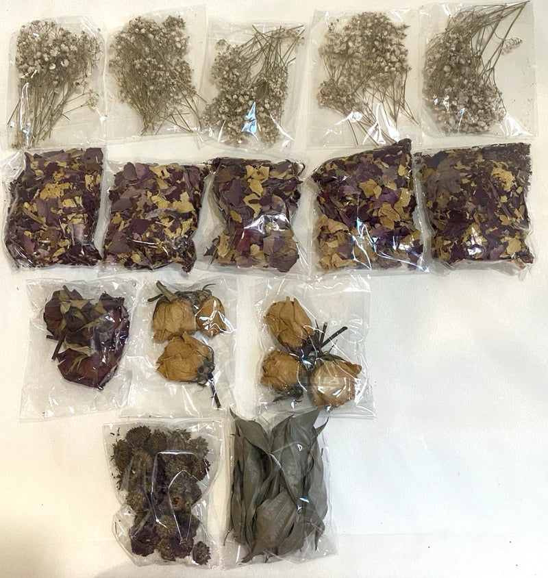 Individually packed dried assorted flowers and leaves in clear plastic bags