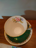 Royal Stafford Carnation Floral Corset Shape Tea Cup & Saucer Emerald Green Gold Carnation