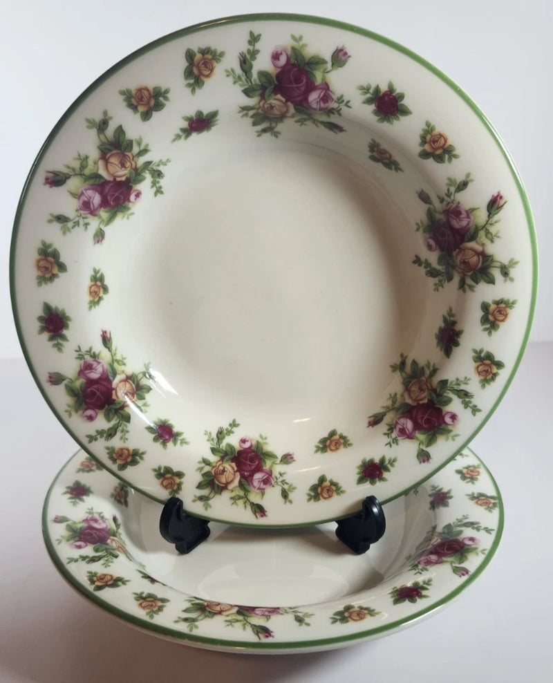 Set of 2 floral porcelain pasta/salad bowls, white with green rim and purple roses
