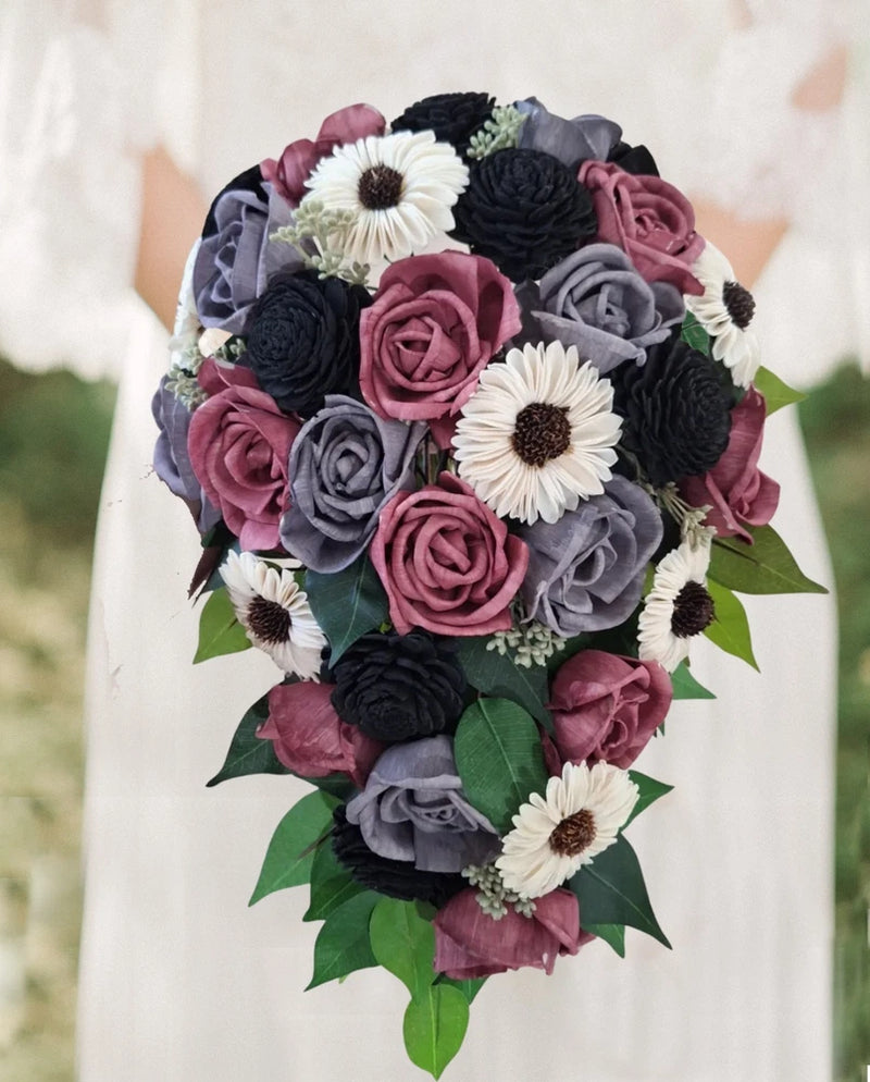 Pink & Lavender Bridal Bouquet Black Sunflower Sola Wood Wedding Flower Cascade Bouquet