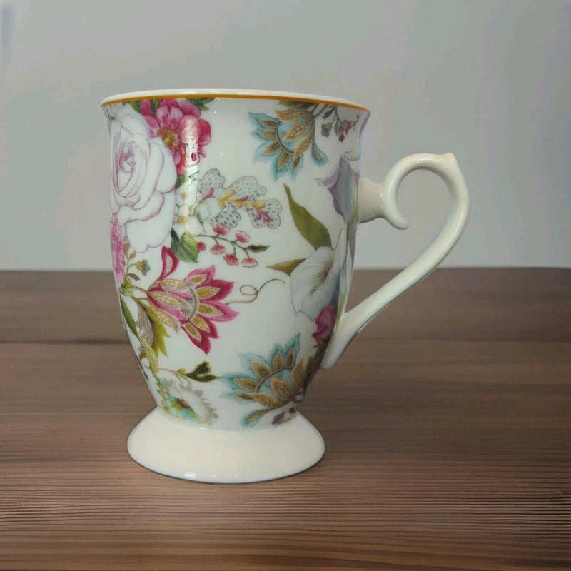 Summer River Floral Pedestal Coffee Tea Mug Cup Roses Carnations Lilies Poppies Carnation