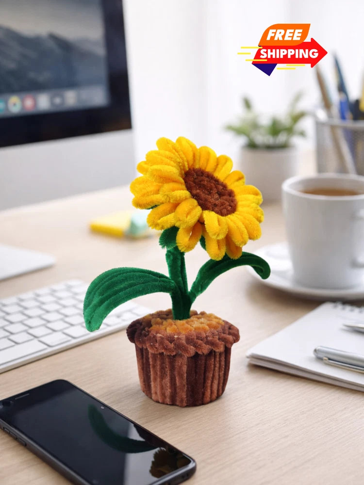 Handmade Pipe Cleaner Chenille Single Sunflower & leaves on a vase | Table decor Sunflower