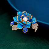 Vintage Blue Enamel Crystal Rhinestone Peony Flower Brooch Pin Peony
